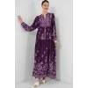 2423 Otantik Desenli Tesettür Elbise - Y. Mor