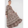 2423 Otantik Desenli Tesettür Elbise - Y.Kahve