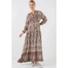 2423 Otantik Desenli Tesettür Elbise - Y.Kahve