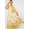 2423 Otantik Desenli Tesettür Elbise - Y.Sarı