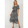2512 Desenli Yırtmaçlı Elbise - D. Siyah