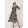2512 Desenli Yırtmaçlı Elbise - D. Siyah
