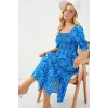 2512 Desenli Yırtmaçlı Elbise - Mavi