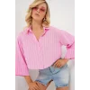 Çizgili Oversize Kısa Gömlek 20326 - Pembe
