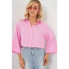 Çizgili Oversize Kısa Gömlek 20326 - Pembe
