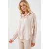 Çizgili Uzun Saten Gömlek 20291 - Bej