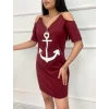 Fermuar Detay çıpa Baskılı Zincir Askılı Iki Iplik Elbise - Bordo