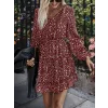 Kadın Uzun Kollu V Yaka Bağcıklı Belden Gipeli çiçek Baskılı Kısa Süprem Elbise