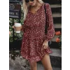 Kadın Uzun Kollu V Yaka Bağcıklı Belden Gipeli çiçek Baskılı Kısa Süprem Elbise
