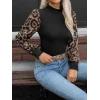 Kadın Uzun Kollu Yarı Balıkçı Yaka Leopar Detaylı Kaşkorse Bluz