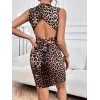 Kadın Yarı Balıkçı Yaka Arkadan çapraz Detaylı Bağlamalı Leopar Kısa Dalgıç Elbise