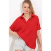 Kırmızı Oversize Polo Yaka Örme Bluz 0486