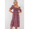 Kısa Kol Çiçekli Elbise 2556 - Bordo
