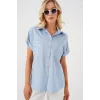 Kısa Kol Çizgili Oversize Gömlek 20303 - Mavi