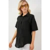 Kısa Kol Keten Görünümlü Gömlek 20336 - Siyah