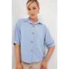 Kısa Kol Oversize Keten Gömlek 20240 - B.Mavi