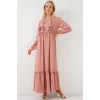Nakışlı Uzun Tesettür Elbise 2550 - Pudra