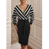 Uzun Kollu Kruvaze Yaka çizgi Desenli Kısa Triko Elbise