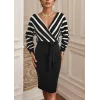 Uzun Kollu Kruvaze Yaka çizgi Desenli Kısa Triko Elbise