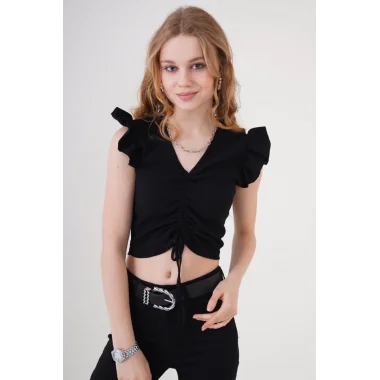 0423 Crop Örme Bluz - Siyah