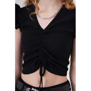 0423 Crop Örme Bluz - Siyah