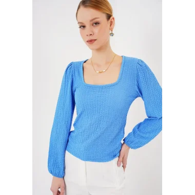 0442 Uzun Kollu Bluz - Saks