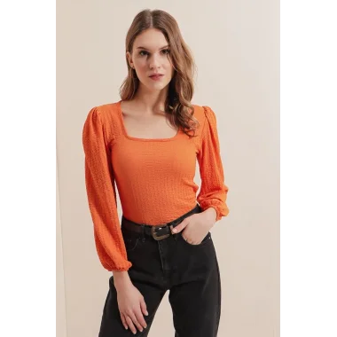 0442 Uzun Kollu Bluz - Turuncu
