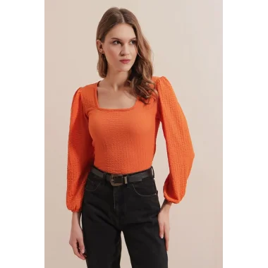 0442 Uzun Kollu Bluz - Turuncu