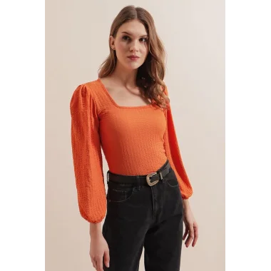 0442 Uzun Kollu Bluz - Turuncu