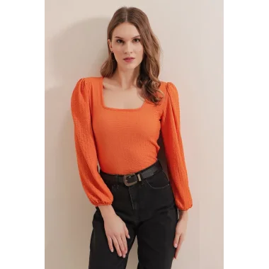 0442 Uzun Kollu Bluz - Turuncu