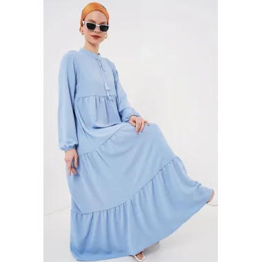 1627 Yaka Bağcıklı Tesettür Elbise - Koyu Mavi