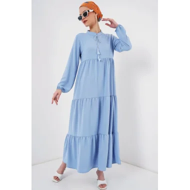 1627 Yaka Bağcıklı Tesettür Elbise - Koyu Mavi