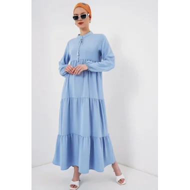 1627 Yaka Bağcıklı Tesettür Elbise - Koyu Mavi