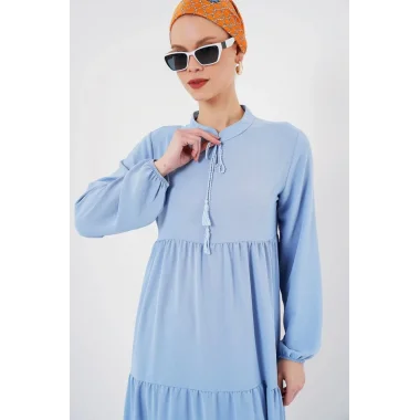 1627 Yaka Bağcıklı Tesettür Elbise - Koyu Mavi