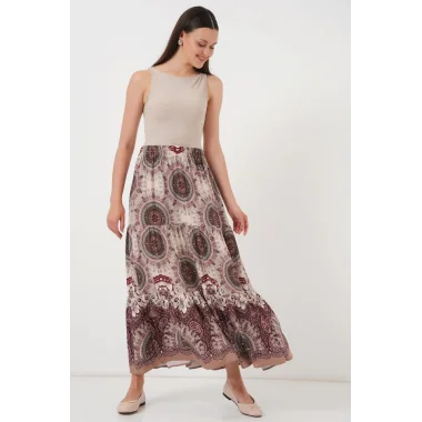 1898 Desenli Uzun Etek - Kahverengi