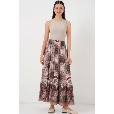 1898 Desenli Uzun Etek - Kahverengi
