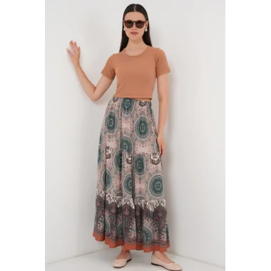 1898 Desenli Uzun Etek - Zümrüt Yeşili