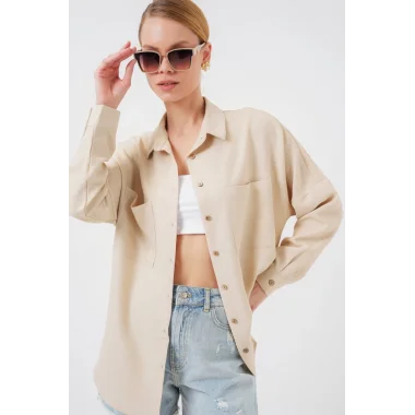 20126 Oversize Keten Gömlek - Bej