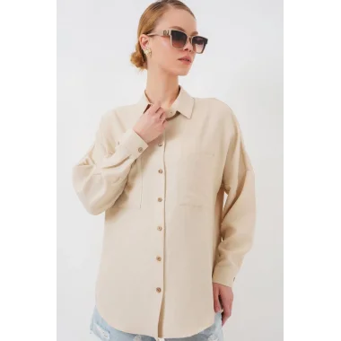 20126 Oversize Keten Gömlek - Bej