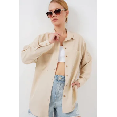 20126 Oversize Keten Gömlek - Bej