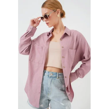 20126 Oversize Keten Gömlek - Gül Kurusu