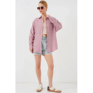 20126 Oversize Keten Gömlek - Gül Kurusu