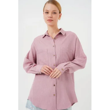 20126 Oversize Keten Gömlek - Gül Kurusu