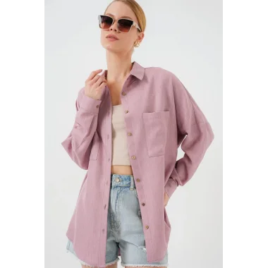 20126 Oversize Keten Gömlek - Gül Kurusu