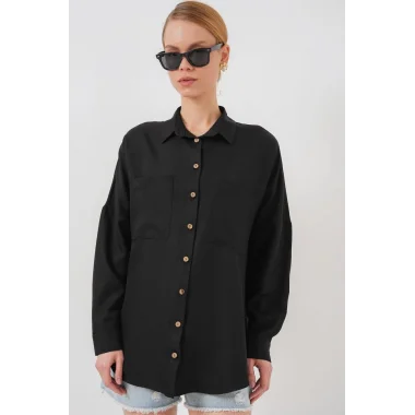 20126 Oversize Keten Gömlek - Siyah