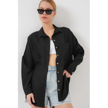 20126 Oversize Keten Gömlek - Siyah
