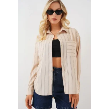 20143 Cepli Oversize Gömlek - Krem