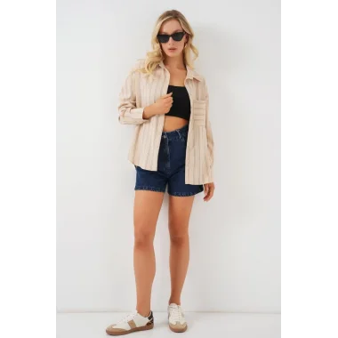 20143 Cepli Oversize Gömlek - Krem