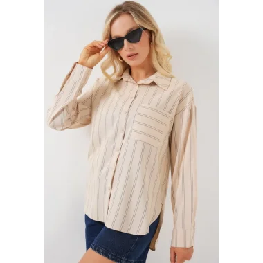 20143 Cepli Oversize Gömlek - Krem