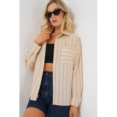20143 Cepli Oversize Gömlek - Krem